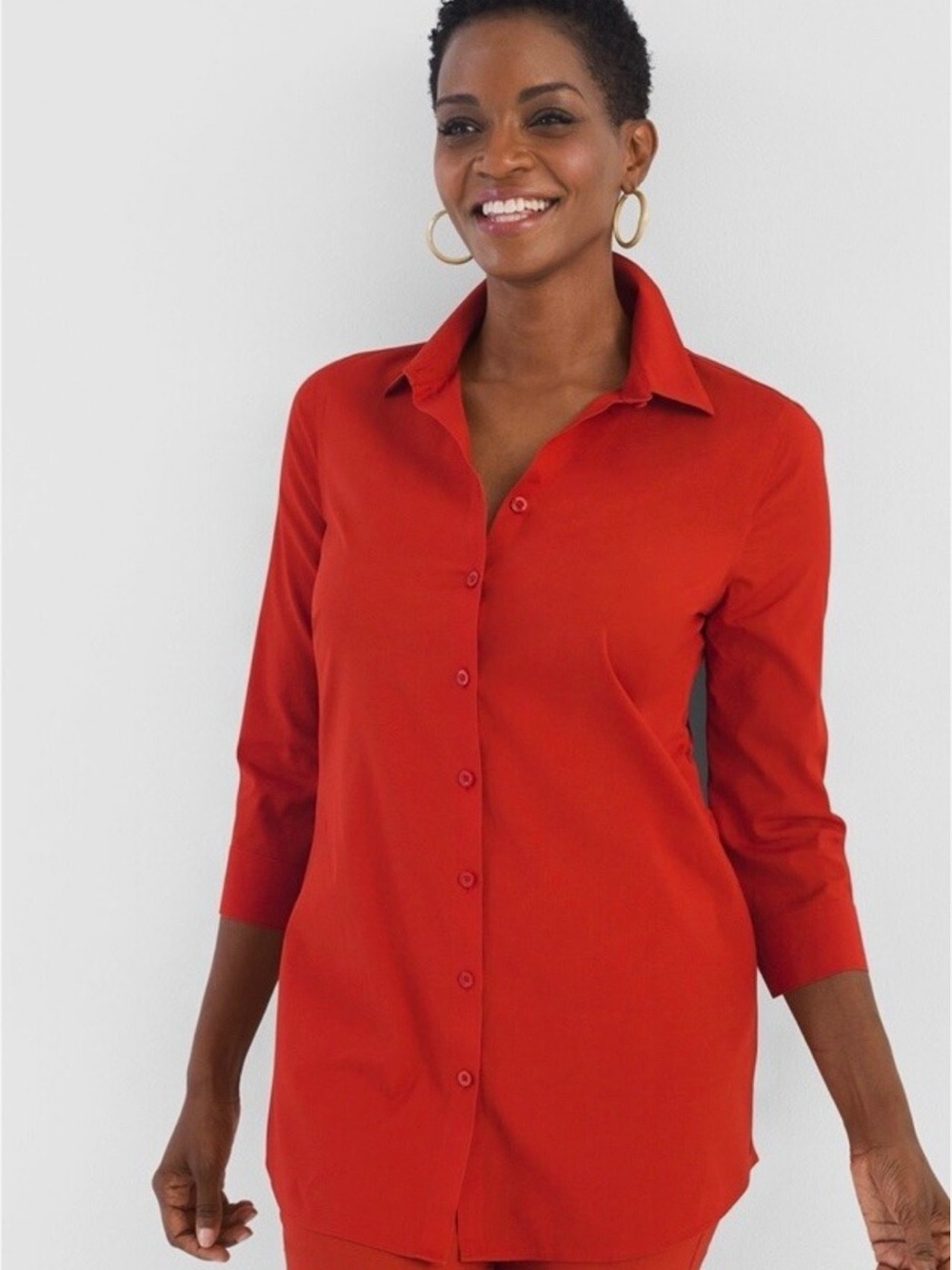 Chico’s No-Iron Red Button Up 3/4 Sleeve Tunic Shirt With Pockets Size 3 (16/18)